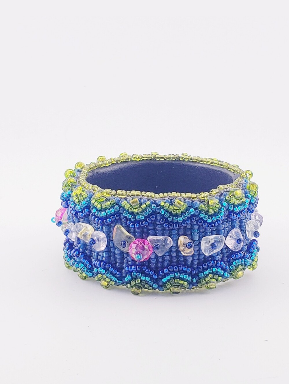 Handcrafted Blue Beaded Statement Cuff Bracelet Seed Beads & Gemstones
